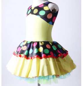 Neon yellow rainbow polka dot patchwork girls kids children sleeveless performance competition leotard ballet dance dresses costumes outfits